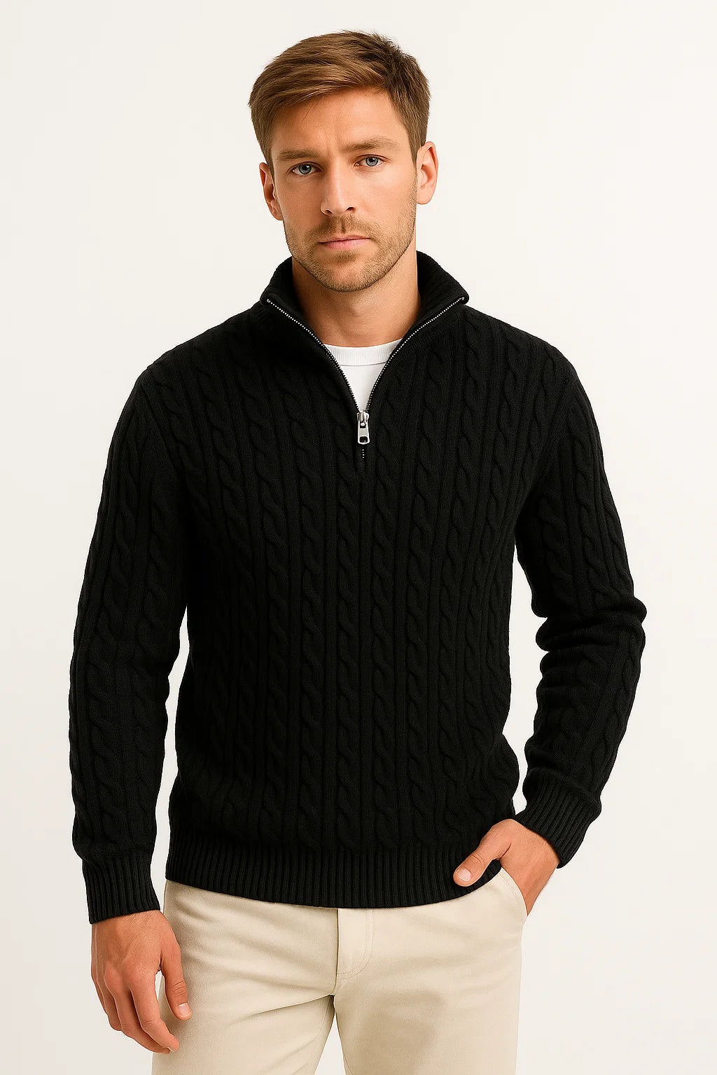 Gunnar | Herren Frühlings Strickpullover mit Zopfmuster und Reißverschluss am Kragen