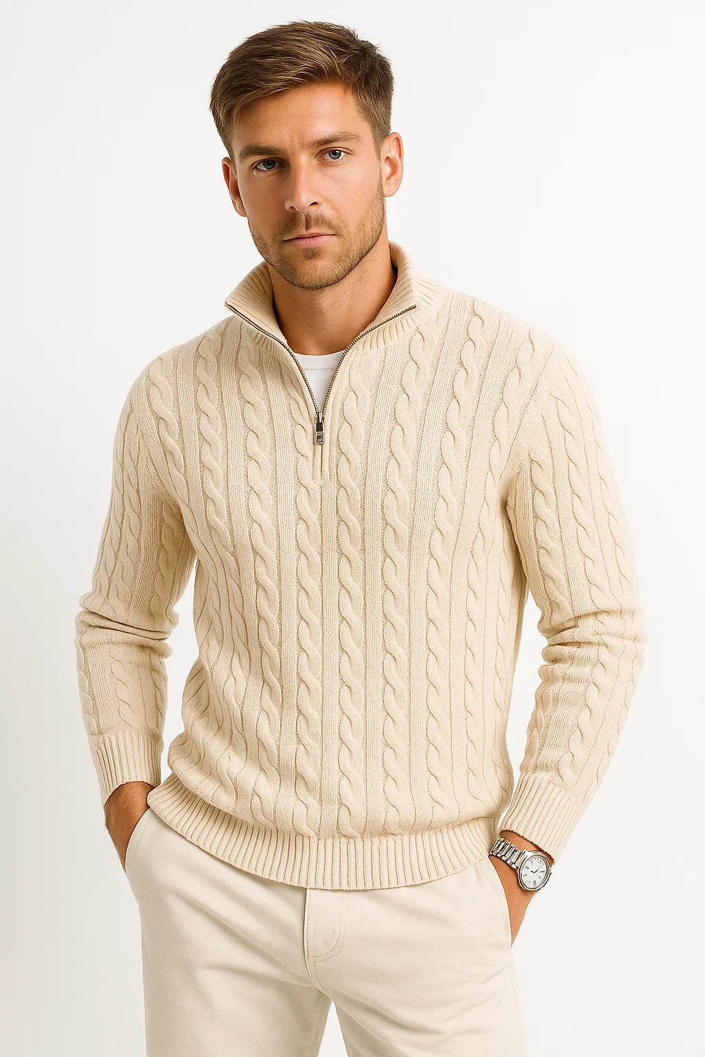 Gunnar | Herren Frühlings Strickpullover mit Zopfmuster und Reißverschluss am Kragen