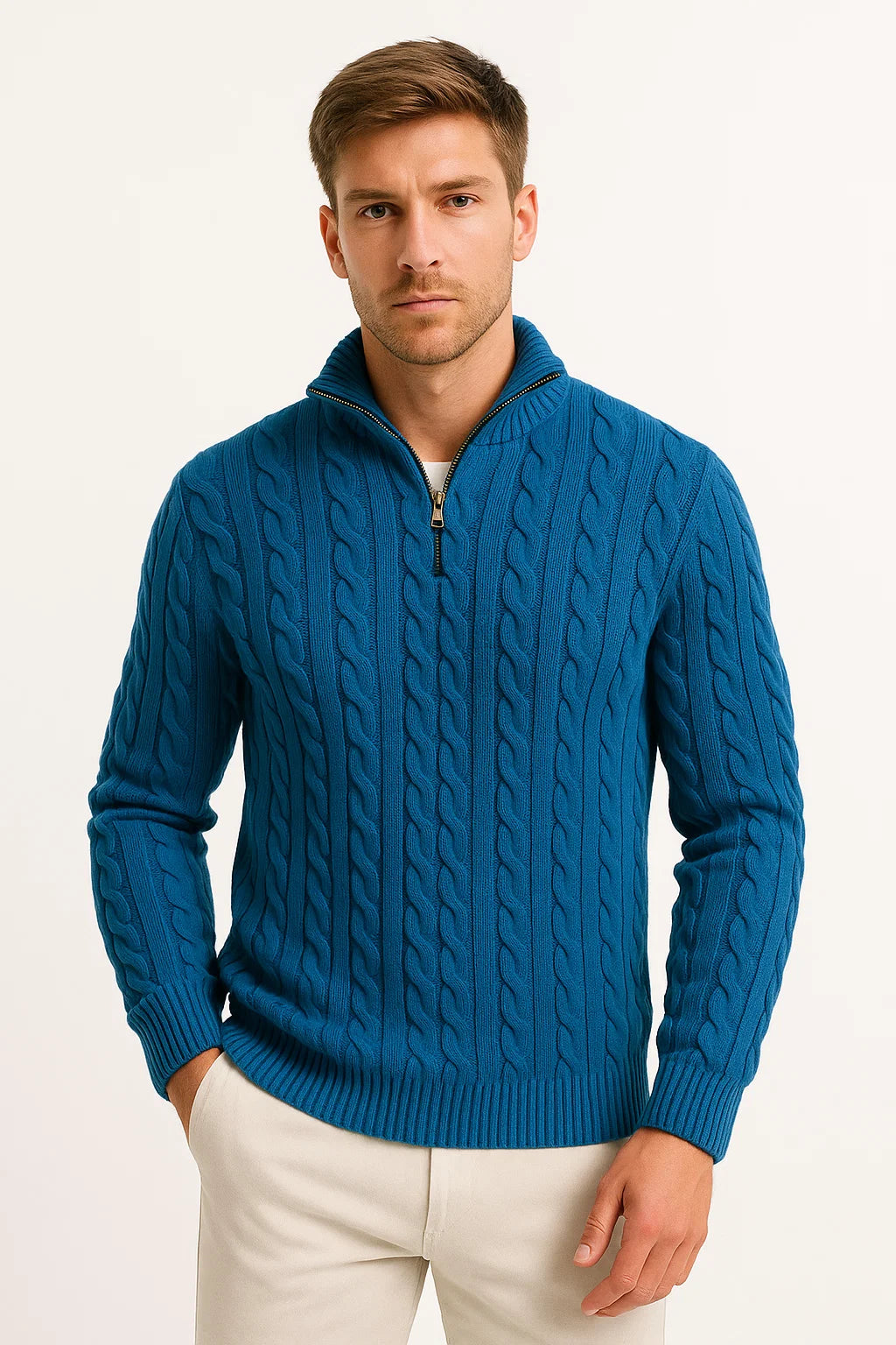 Gunnar | Herren Frühlings Strickpullover mit Zopfmuster und Reißverschluss am Kragen