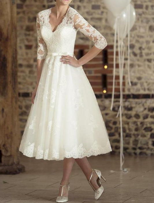 Elfriede | Damen Spitzen-Midikleid mit V-Ausschnitt für Bräute