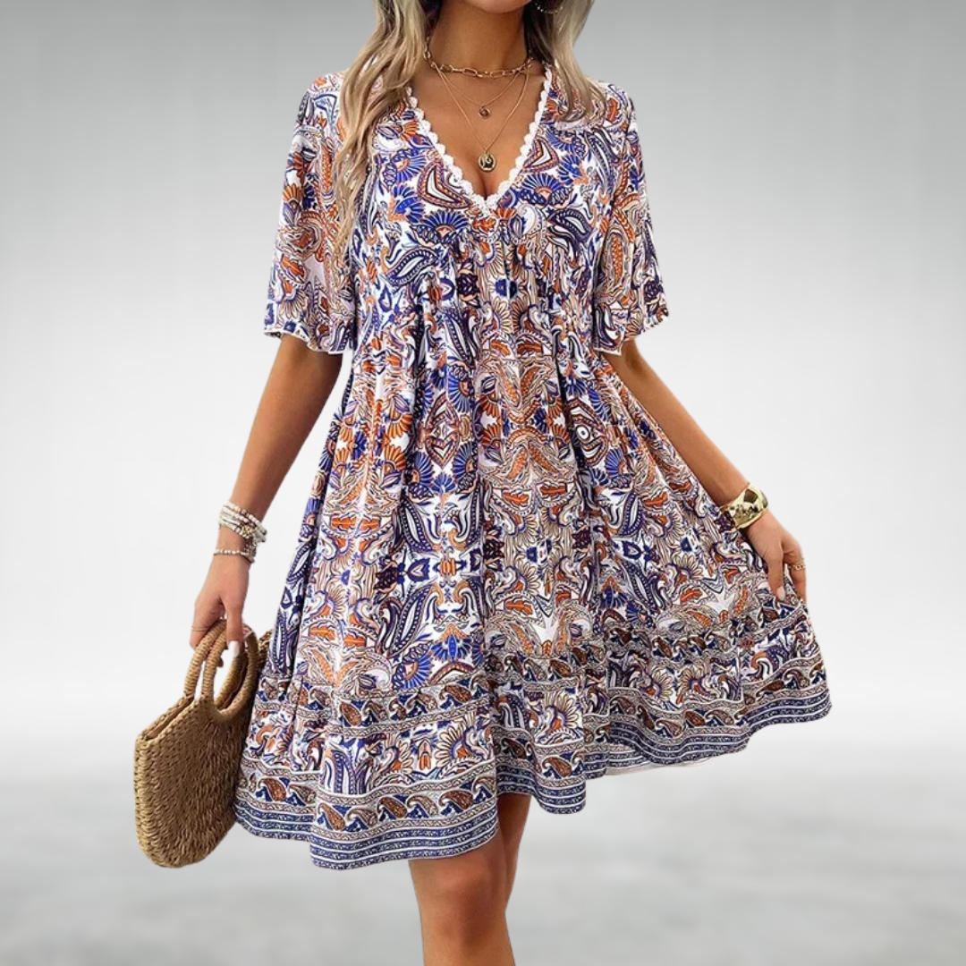 Michaela | Damen Sommer Boho Paisley Mini Kleid