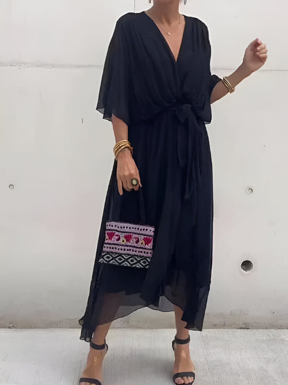 Anna | Damen Fließendes Midikleid mit Bindeschleife vorne
