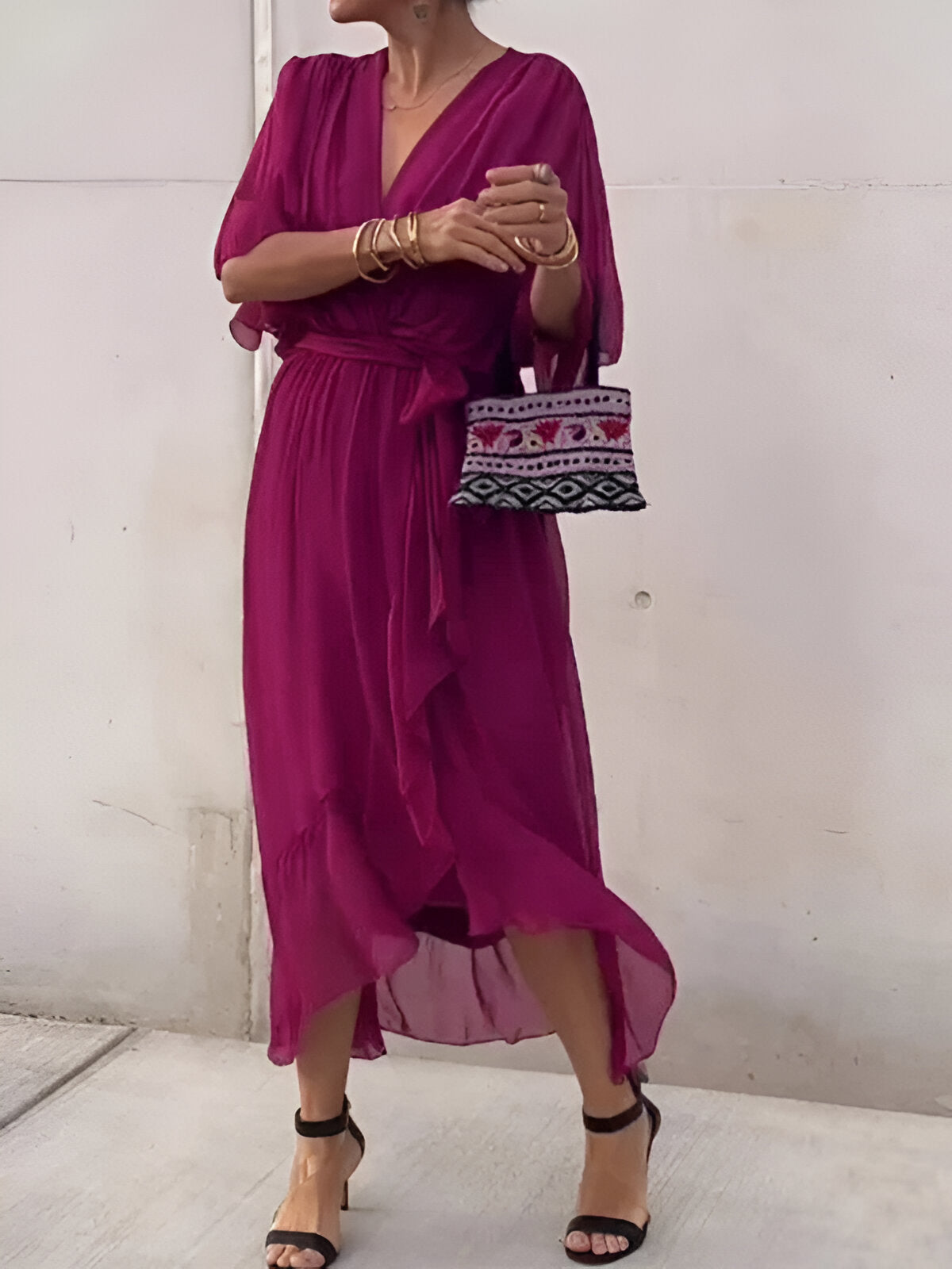 Anna | Damen Fließendes Midikleid mit Bindeschleife vorne
