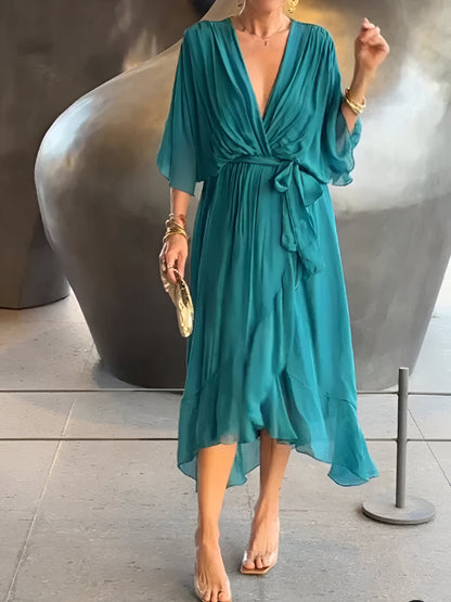 Anna | Damen Fließendes Midikleid mit Bindeschleife vorne