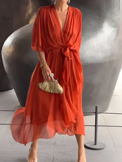 Anna | Damen Fließendes Midikleid mit Bindeschleife vorne