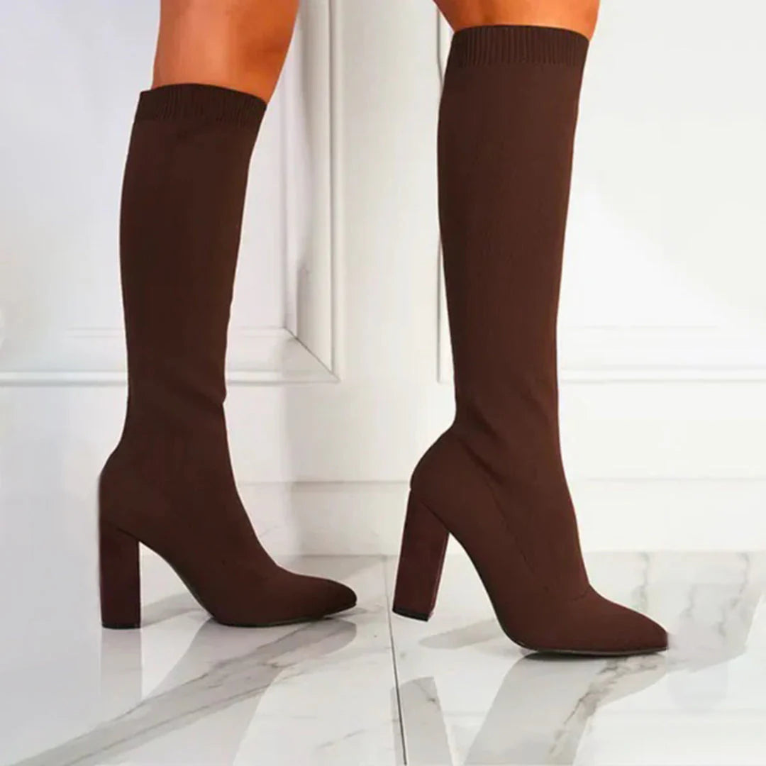 Angela | Damen Herbst Strickstiefel mit Hohem Absatz