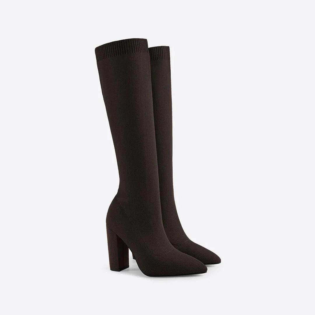 Angela | Damen Herbst Strickstiefel mit Hohem Absatz