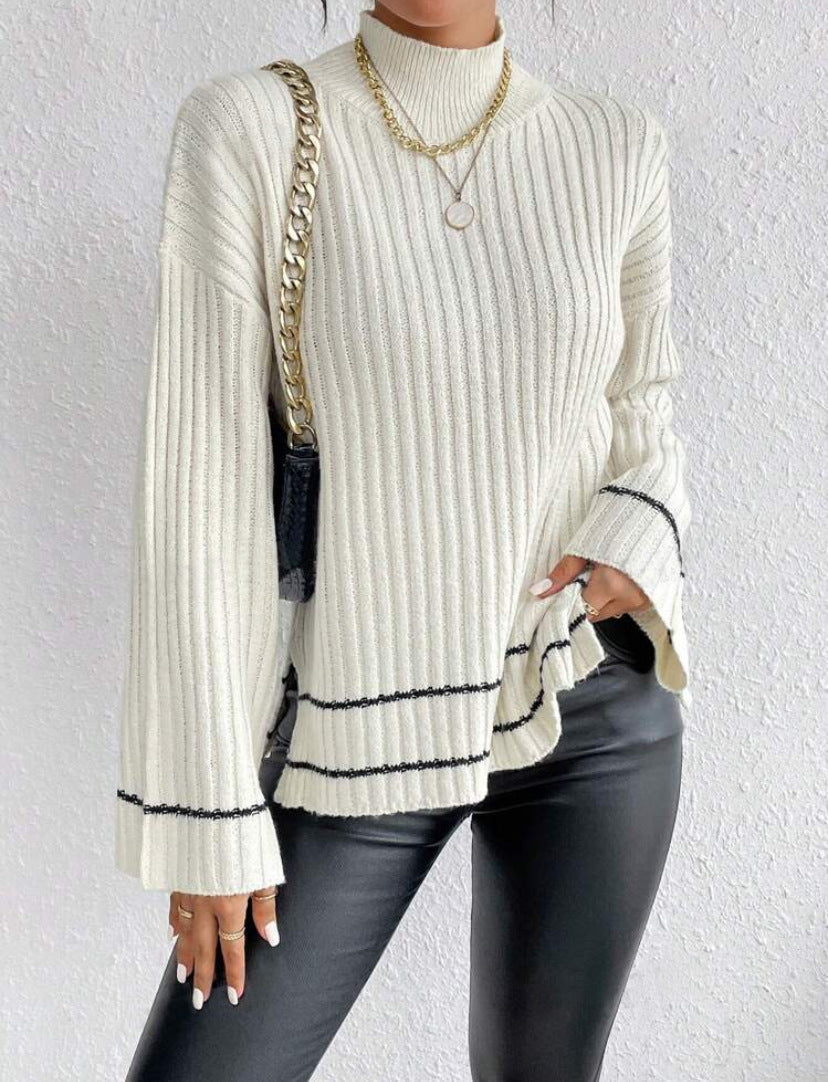Pauline | Damen Lässige Langärmlige Gerippte Strickpullover