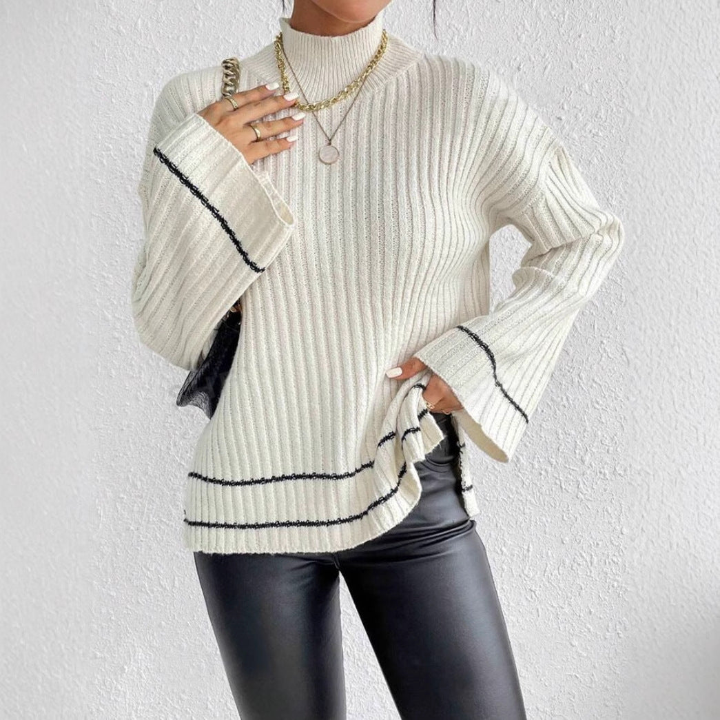 Pauline | Damen Lässige Langärmlige Gerippte Strickpullover