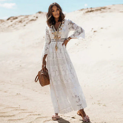 Elfriede | Damen Sommer Maxikleid im Boho-Stil mit Langarm
