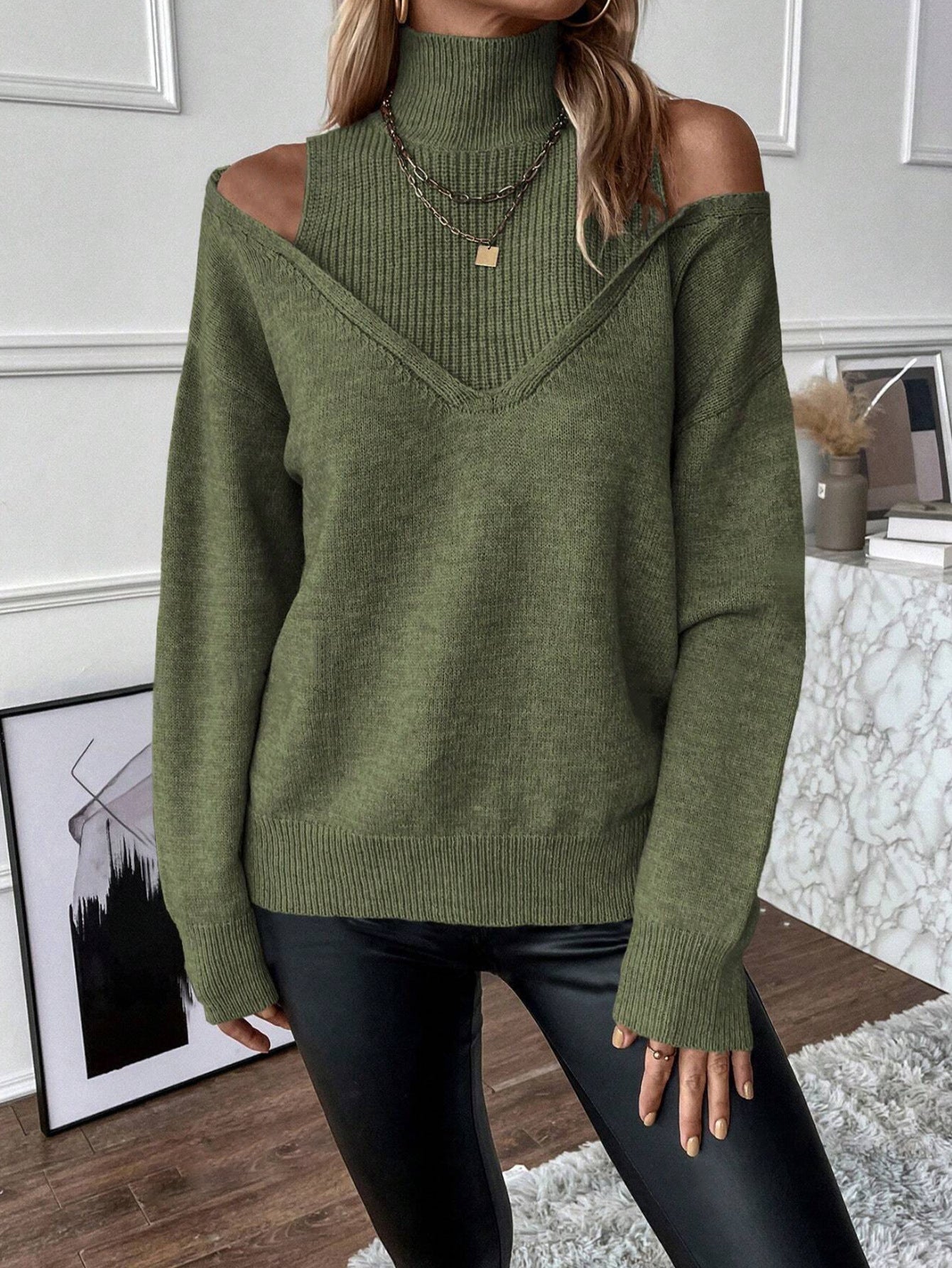 Theo | Damen Frühlings Rollkragenpullover mit Cut-Out-Schultern
