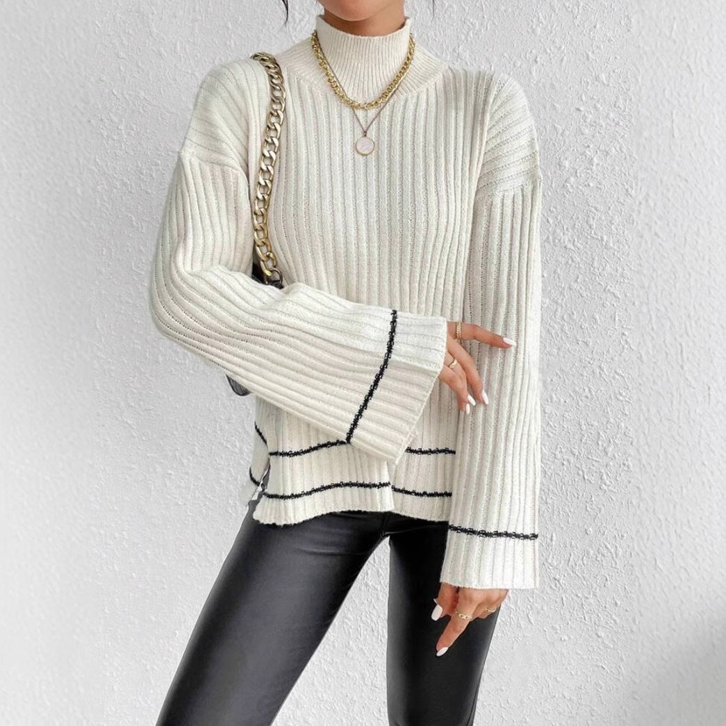 Pauline | Damen Lässige Langärmlige Gerippte Strickpullover
