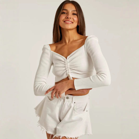 Irina | Damen Frühlings Langarmtop mit Rafffront