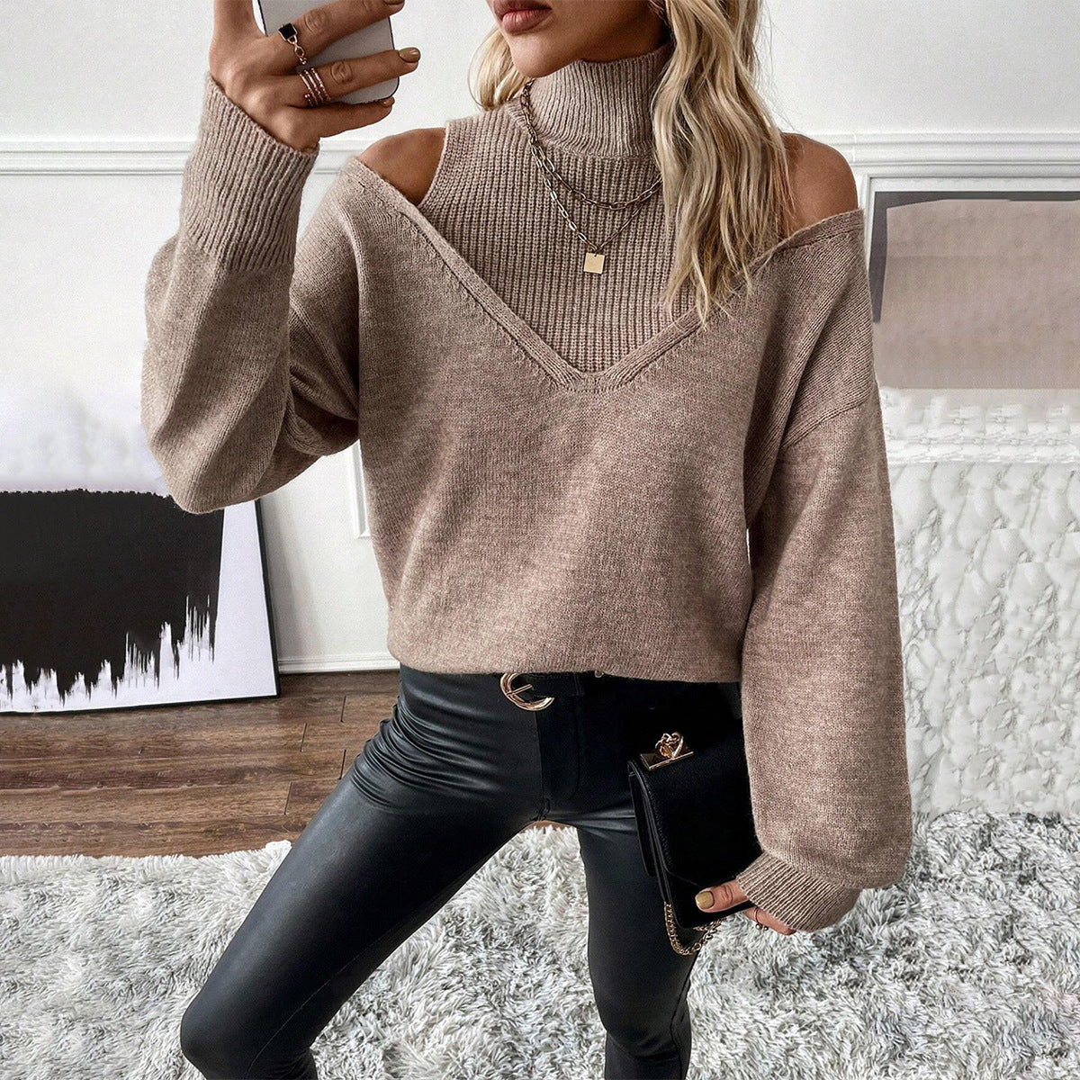 Theo | Damen Frühlings Rollkragenpullover mit Cut-Out-Schultern