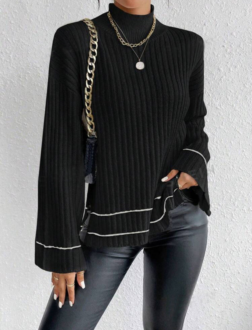 Pauline | Damen Lässige Langärmlige Gerippte Strickpullover