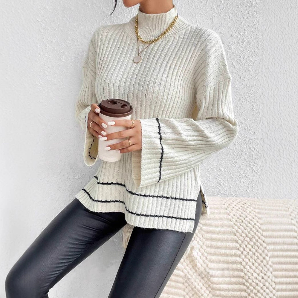 Pauline | Damen Lässige Langärmlige Gerippte Strickpullover