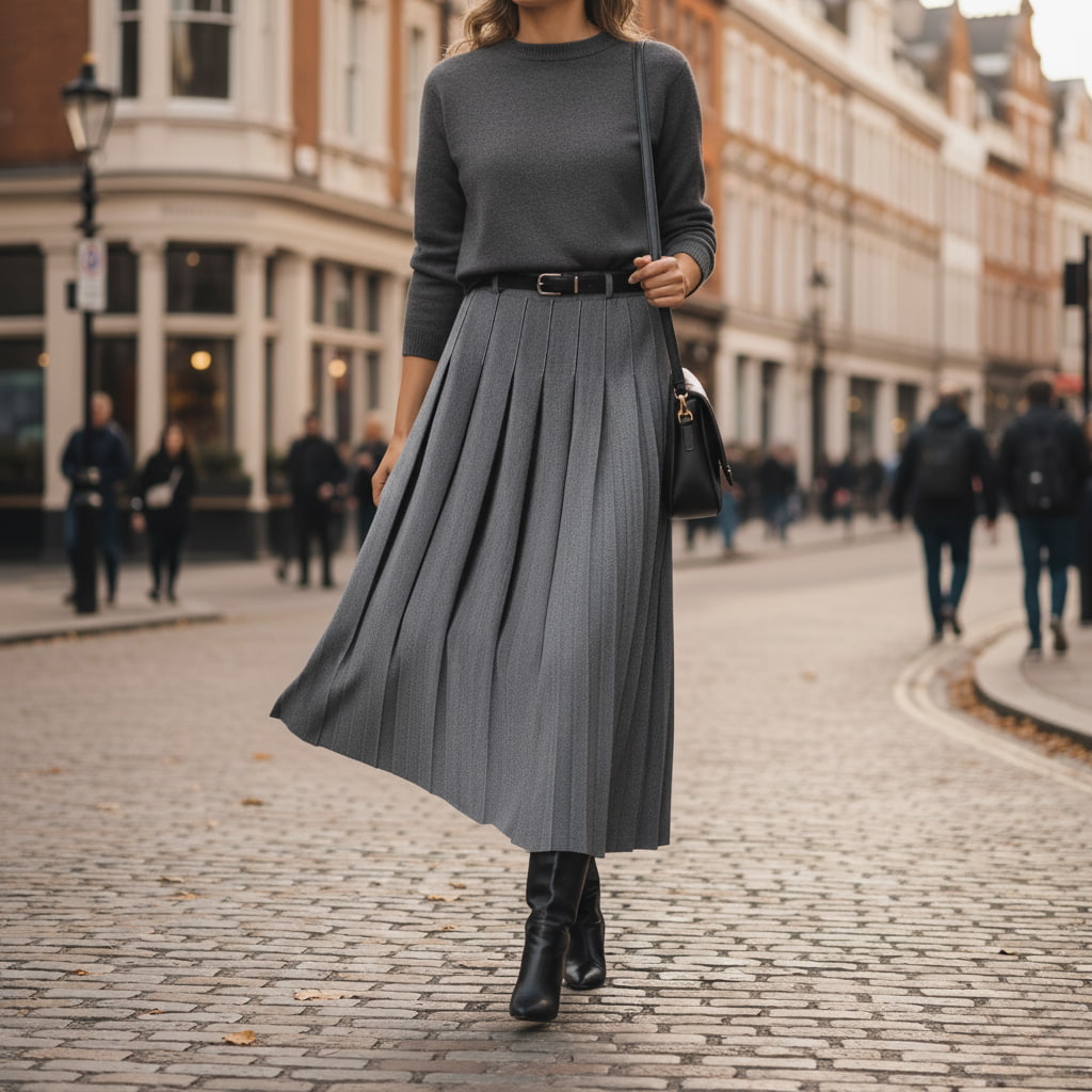 Elke | Damen Frühlings Plissierter Midi-Rock mit Gürtel