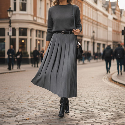 Elke | Damen Frühlings Plissierter Midi-Rock mit Gürtel