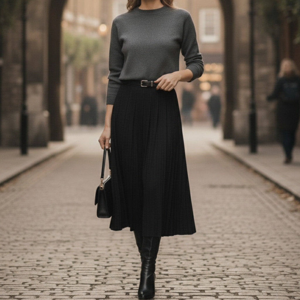 Elke | Damen Frühlings Plissierter Midi-Rock mit Gürtel