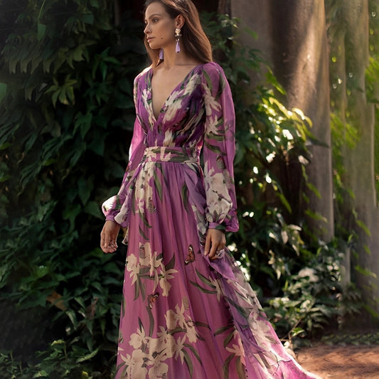 Irina | Damen Bequemes Blumen V-Ausschnitt Maxi Kleid