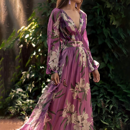 Irina | Damen Bequemes Blumen V-Ausschnitt Maxi Kleid