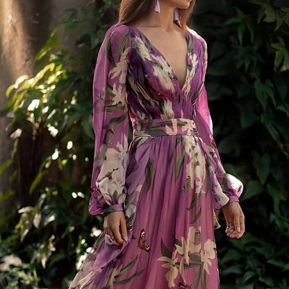 Irina | Damen Bequemes Blumen V-Ausschnitt Maxi Kleid