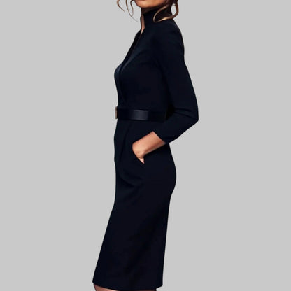 Petra | Damen Midi-Kleid mit langen Ärmeln und Taillengürtel