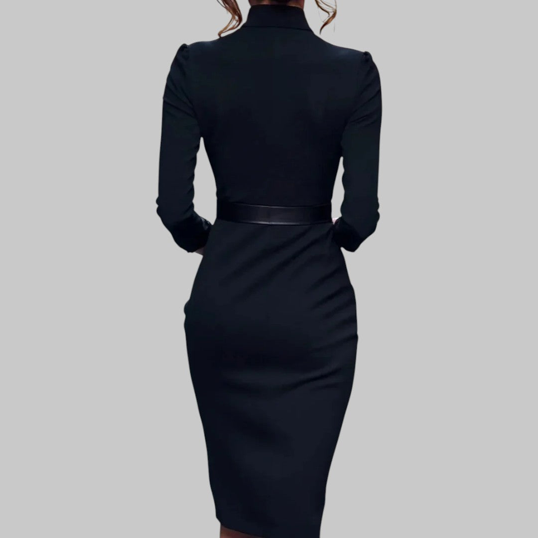 Petra | Damen Midi-Kleid mit langen Ärmeln und Taillengürtel