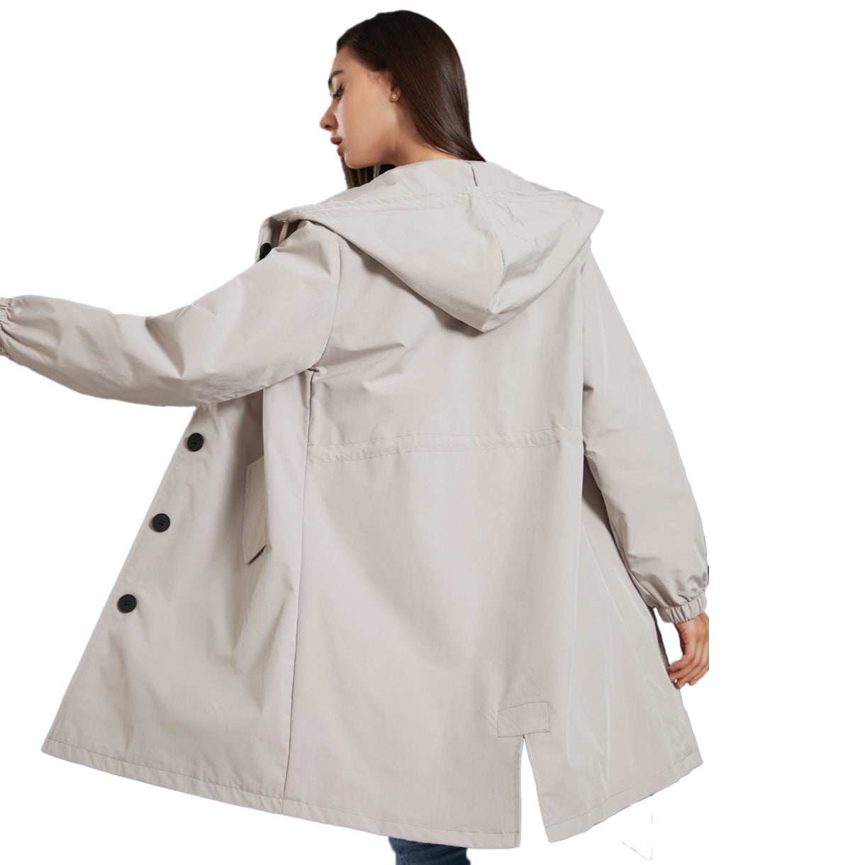 Lilian | Damen Langer Mantel mit Kapuze und Knopfleiste