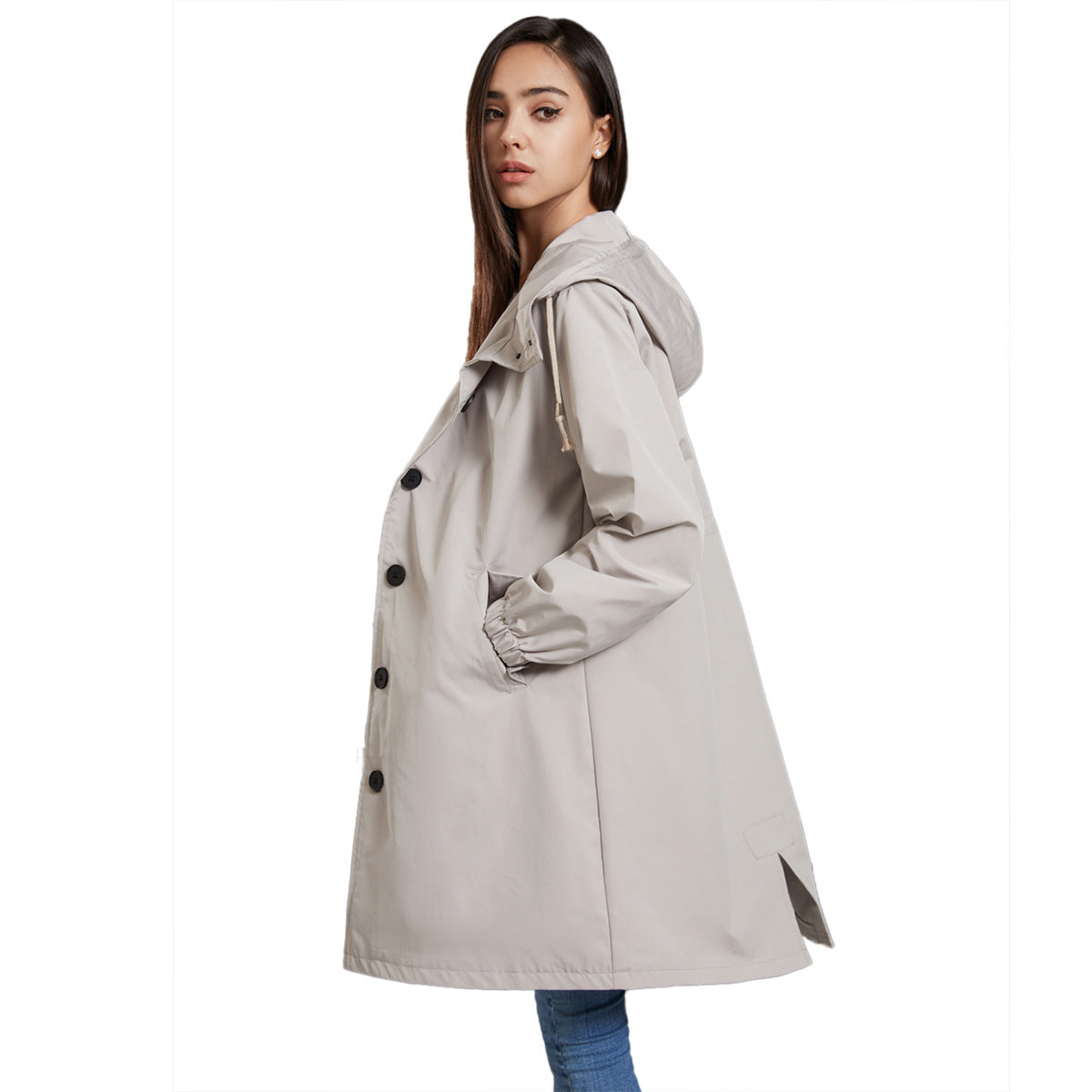 Lilian | Damen Langer Mantel mit Kapuze und Knopfleiste