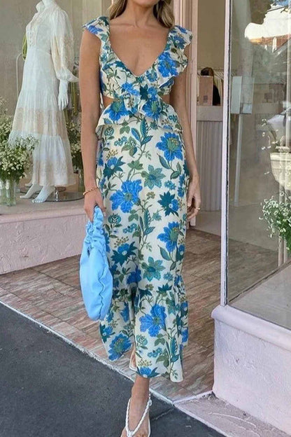 Irina | Damen Floral Elegant Ruffle Maxi Kleid