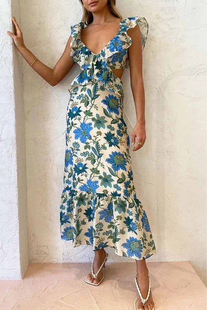 Irina | Damen Floral Elegant Ruffle Maxi Kleid