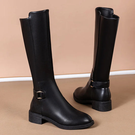 Franziska | Damen Klassische Kniestiefel mit Schnallenriemen