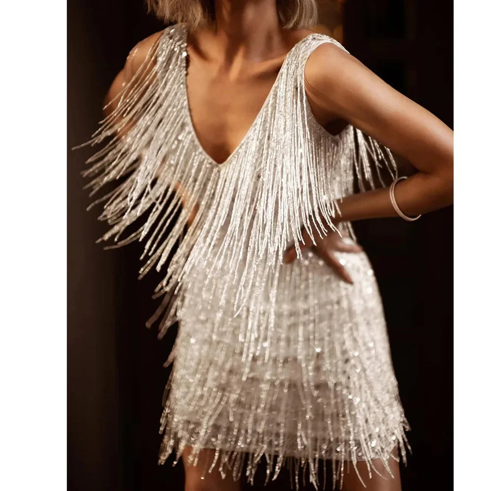 Dorothea | Damen Cocktailkleid mit Fransen und Federn