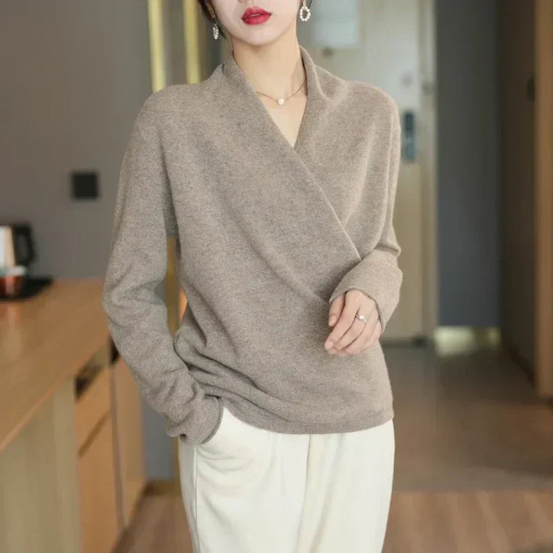 Susanne | Damen Herbst Strickpullover mit Wickel-V-Ausschnitt