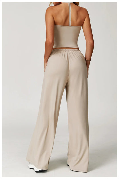 Laura | Damen Freizeit Neckholder Crop-Top Hosen Set