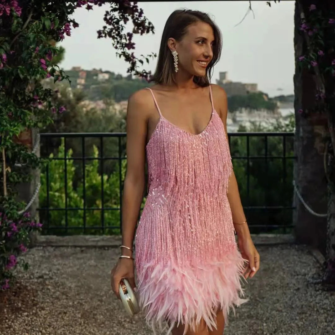 Helga | Damen Cocktailkleid mit Fransen und Federn