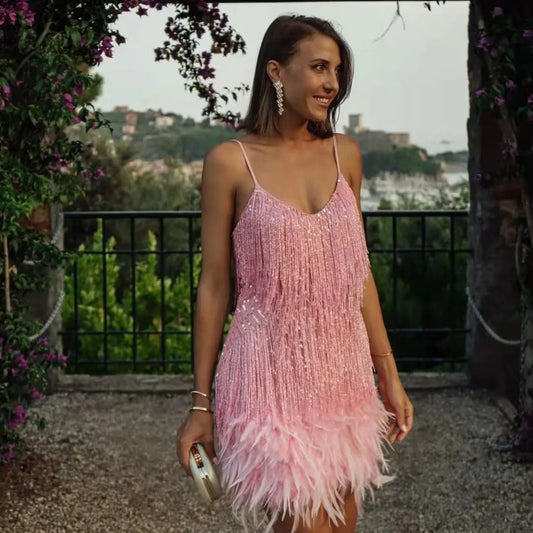 Helga | Damen Cocktailkleid mit Fransen und Federn