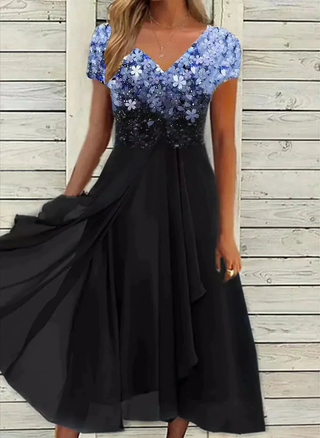 Angela | Damen Blumenkleid mit Farbverlauf und V-Ausschnitt in Midi-Länge