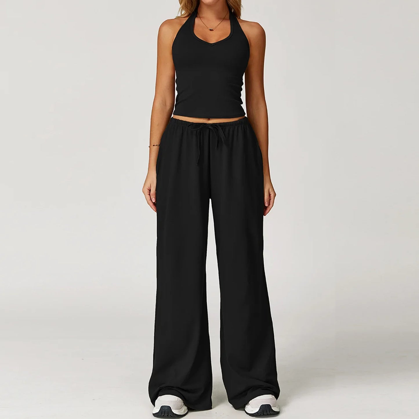 Laura | Damen Freizeit Neckholder Crop-Top Hosen Set