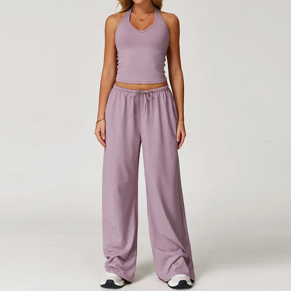 Laura | Damen Freizeit Neckholder Crop-Top Hosen Set