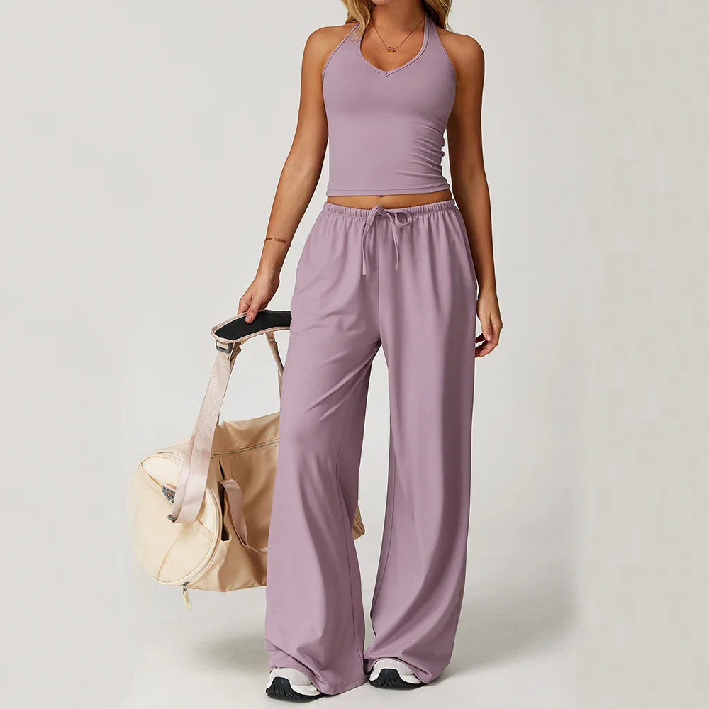 Laura | Damen Freizeit Neckholder Crop-Top Hosen Set