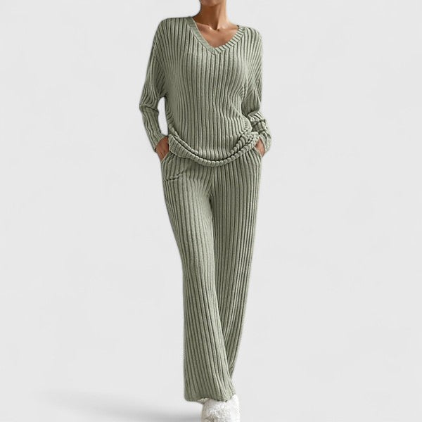 Eva | Damen Geripptes Weites Hosen-Zweiteiler-Set