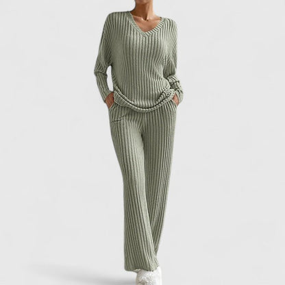 Eva | Damen Geripptes Weites Hosen-Zweiteiler-Set