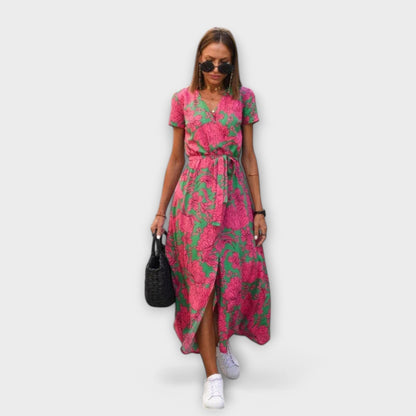 Susanne | Damen Lässiges Langkleid mit V-Ausschnitt und Gürtel