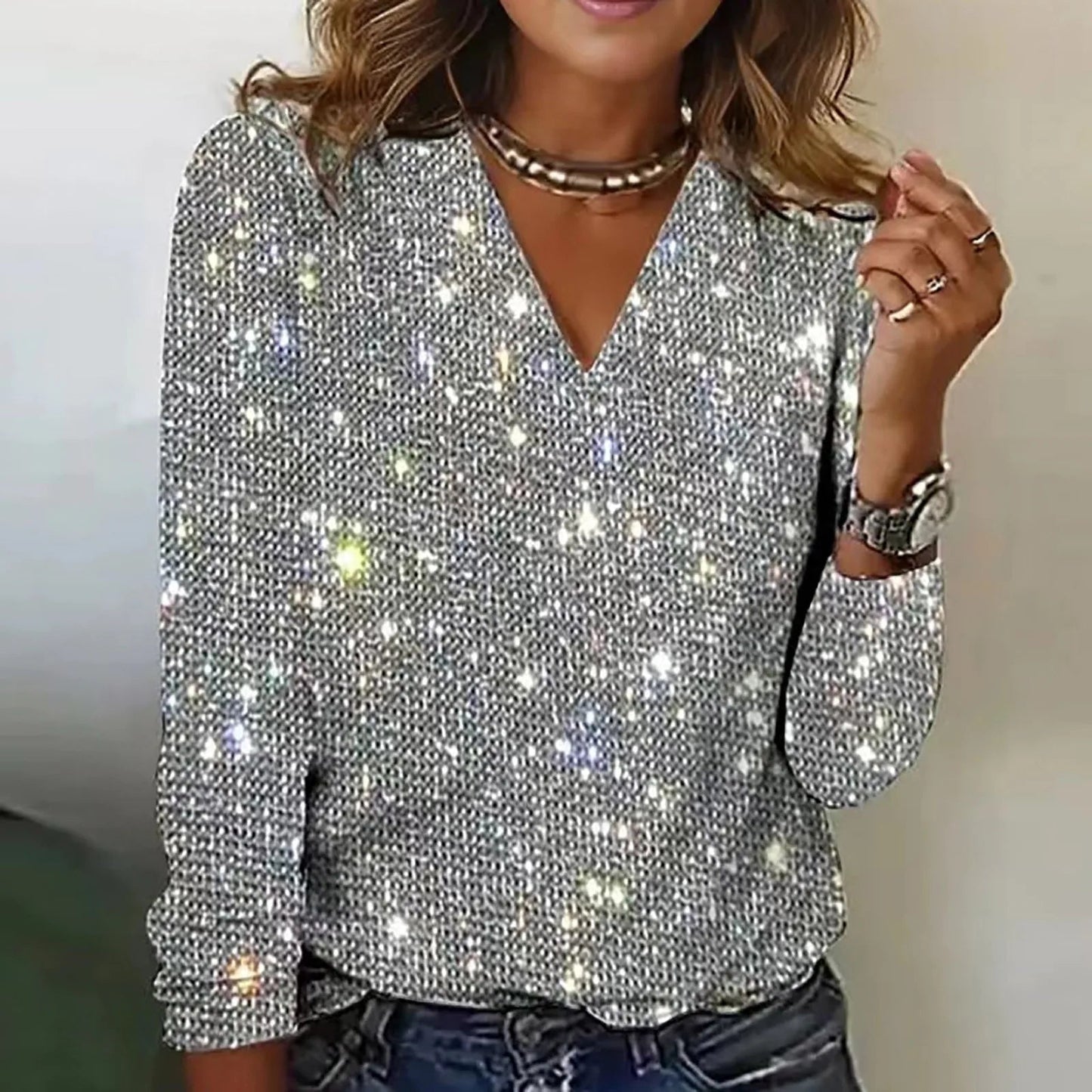 Kerstin | Damen Glitzerndes Partyoberteil mit Langarm