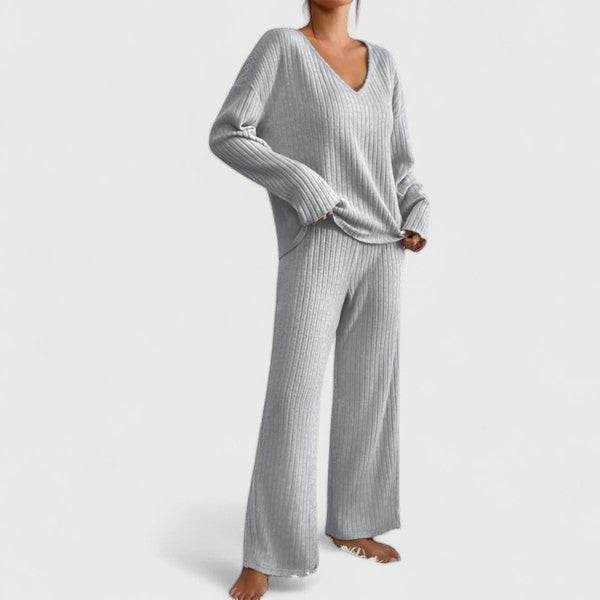 Eva | Damen Geripptes Weites Hosen-Zweiteiler-Set