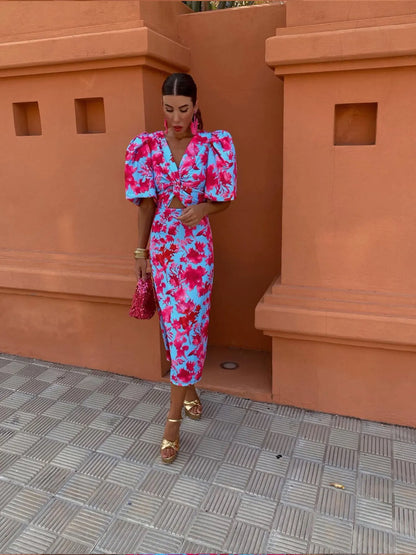 Nadine | Damen Sommer Midi-Kleid mit Bedruckten Puffärmeln