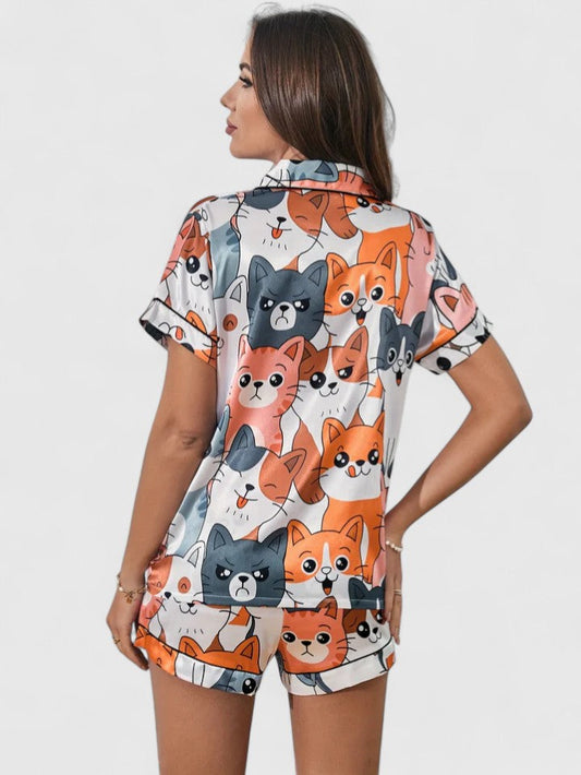 Gabriela | Damen Kurzarm-Pyjama-Set mit Katzenmotiv