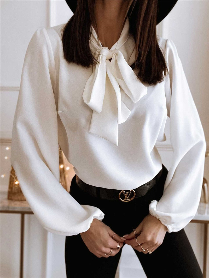 Pauline | Damen Winterbluse mit Langarm und Schleifenkragen